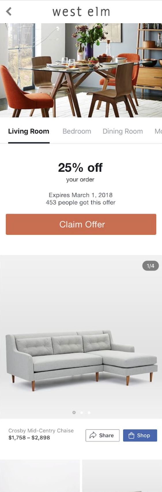 West Elm instant experience ad personalized with a discount offer